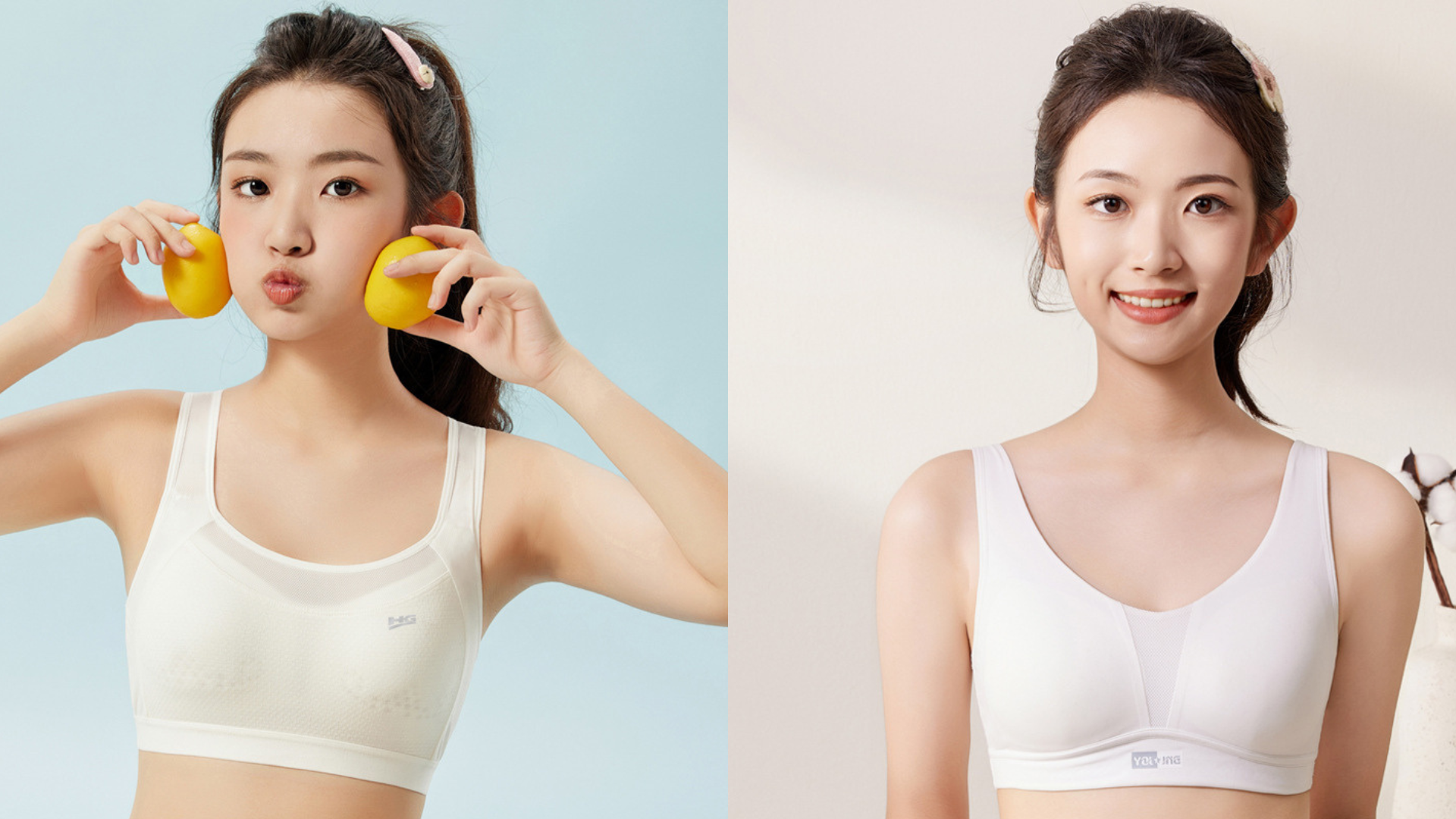 Two images of a woman wearing a white bralette, one with apples and one plain background.